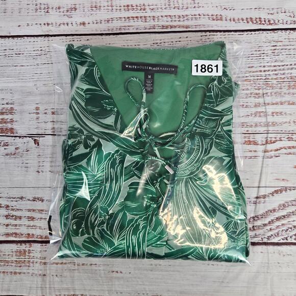 WHBM Silky Dress M Green Forest Fairy Floral Whimsy Pleated Ruched Lace up Neck - Picture 16 of 16